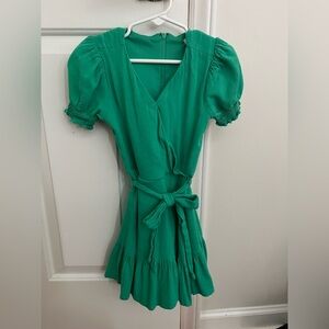 GB girls Green Faux Wrap Dress with Puff Sleeves